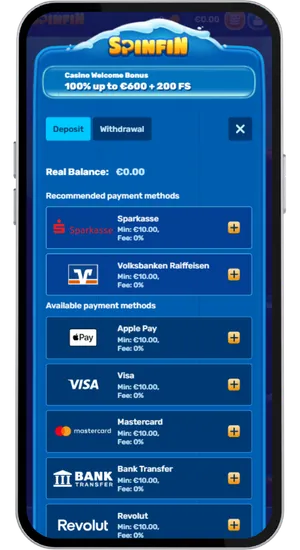 Casino cashier screen with card and e-wallet payment methods listed and a £10 minimum deposit amount with instant balance confirmation