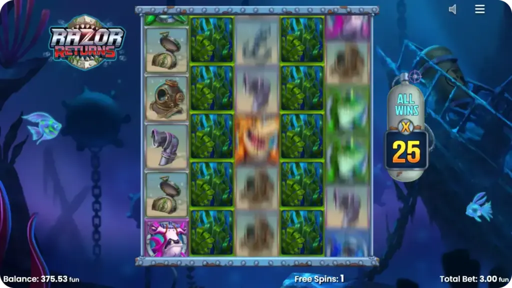 Razor Returns free spins round showing stacked symbols shifting and increasing multiplier during the bonus feature