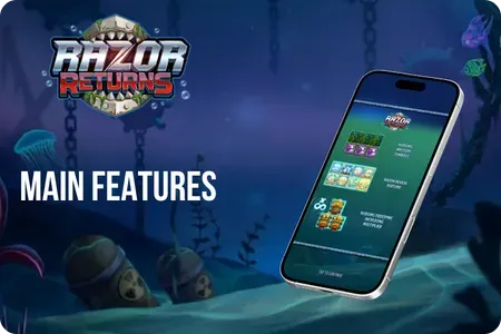 Razor Returns slot interface showing 5 reels and 3 rows with paylines layout, balance in GBP and spin button visible on the right side of the screen