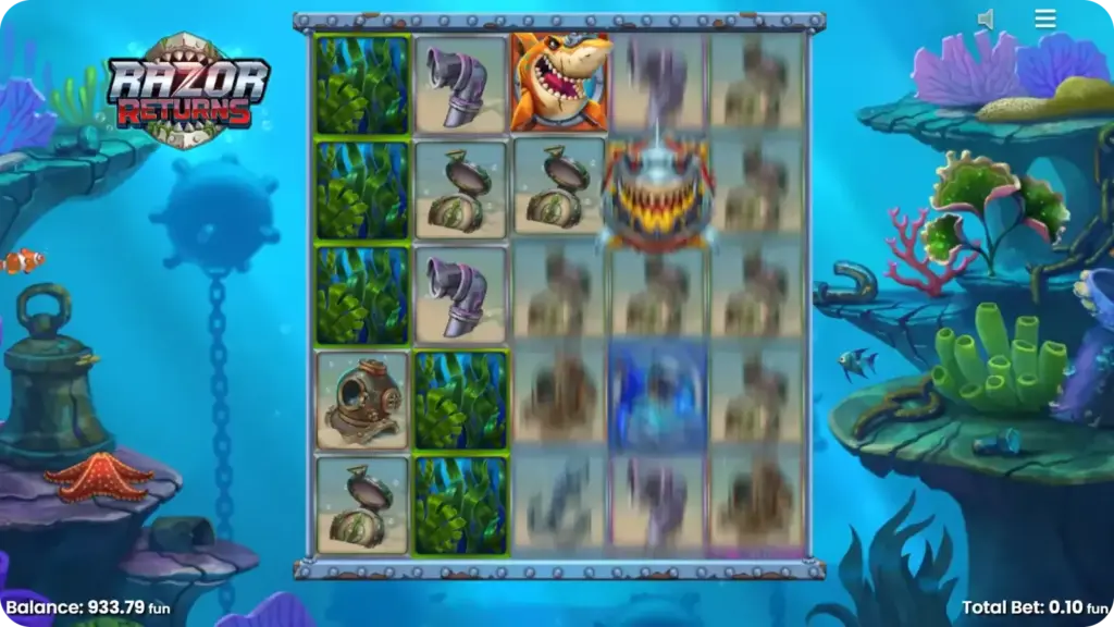 Razor Returns slot screen showing stacked Mystery Symbols before they reveal matching symbols across reels during gameplay