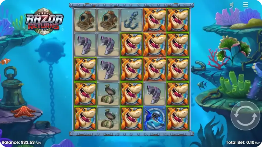 Razor Returns feature showing stacked symbols moving down one position on reels during active gameplay sequence