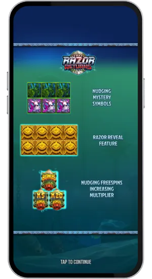 Casino game lobby search bar with Razor Returns slot appearing in results and launching instantly in the browser with no download required
