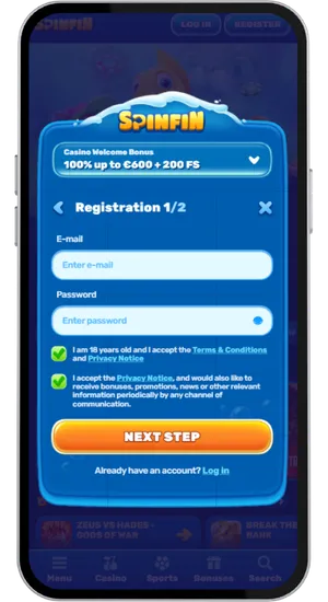 Casino registration form with personal details fields and an identity verification step that completes within 2 to 5 minutes