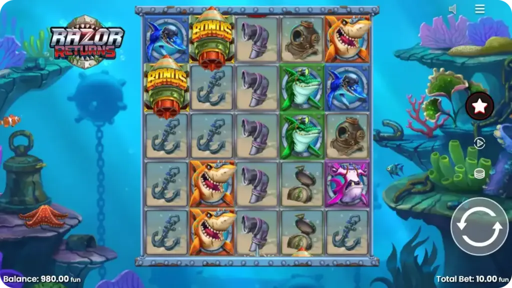 Razor Returns slot gameplay showing fruit-style symbols, crowns and gems on reels with GBP balance and spin controls visible during active play