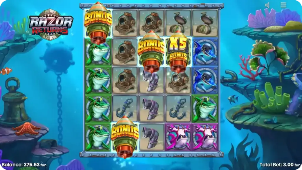 Razor Returns reels showing torpedo scatter symbols landing and activating the free spins bonus feature